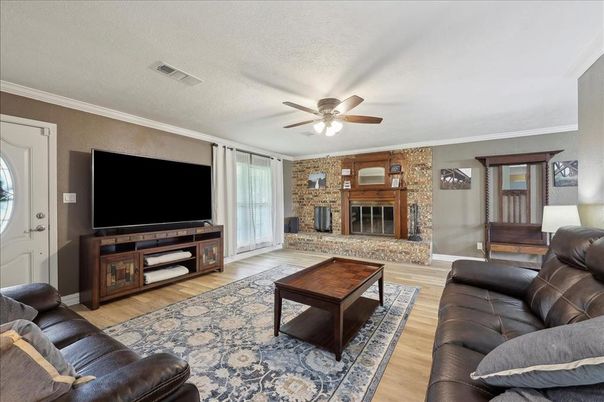Fireplace, Interior, Living room, Stone Walls, Wood Texture Flooring