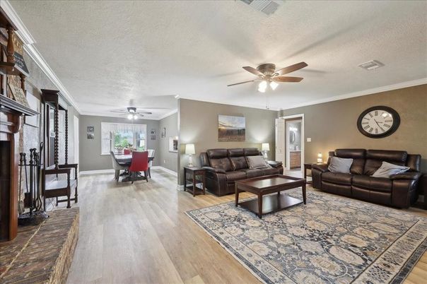Dining room, Fireplace, Interior, Living room, Wood Texture Flooring