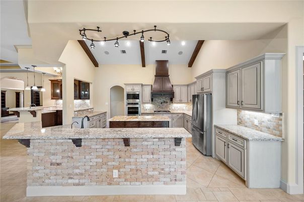 Interior, Kitchen, Pendant Lights, Recessed Lighting, Stainless Steel Appliances, Wooden Beams
