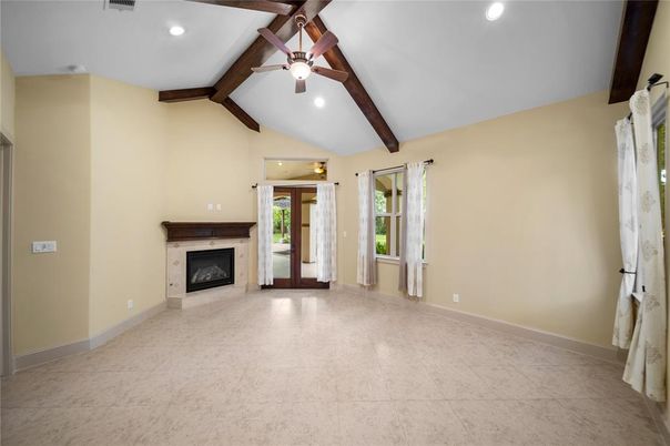 Empty room, Fireplace, Interior, Recessed Lighting, Wooden Beams