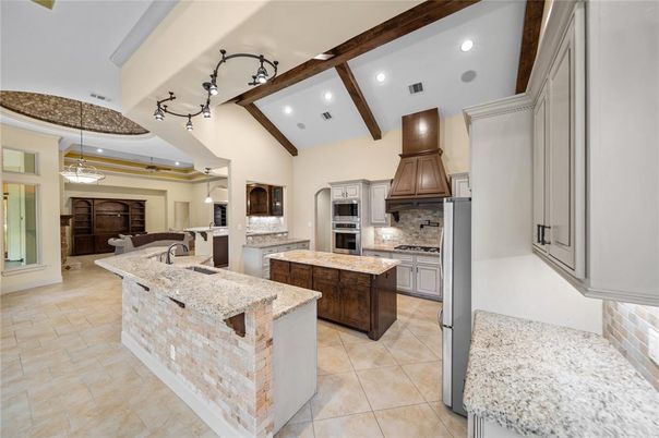 Interior, Kitchen, Pendant Lights, Recessed Lighting, Stainless Steel Appliances, Wooden Beams