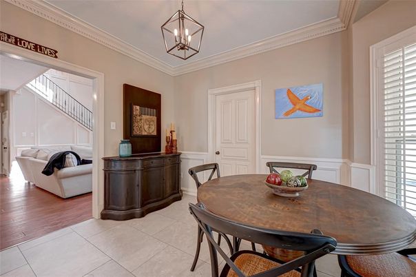 Dining room, Interior, Pendant Lights, Wood Texture Flooring