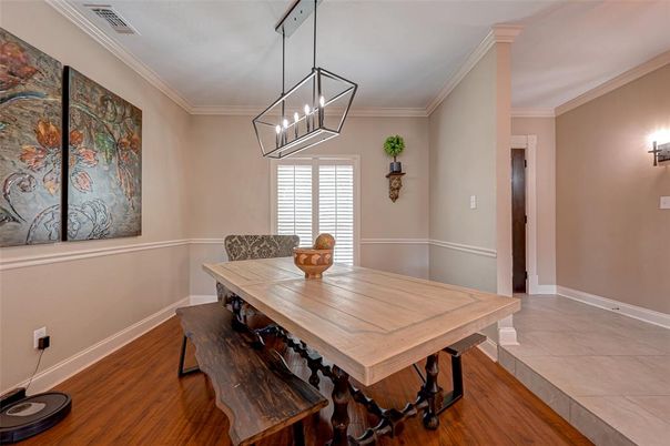 Dining room, Interior, Pendant Lights, Wood Texture Flooring