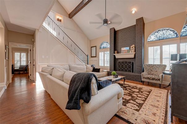 Fireplace, Interior, Living room, Stone Walls, Wooden Beams, Wood Texture Flooring