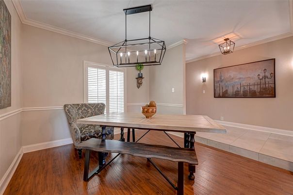 Dining room, Interior, Pendant Lights, Wood Texture Flooring