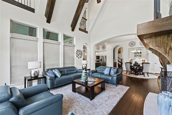 Chandelier, Dining room, Interior, Living room, Pendant Lights, Wooden Beams, Wood Texture Flooring