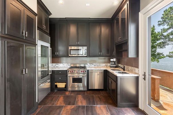 Interior, Kitchen, Recessed Lighting, Stainless Steel Appliances, Water, Wood Texture Flooring