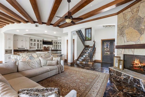 Fireplace, Interior, Kitchen, Living room, Recessed Lighting, Stone Walls, Wooden Beams
