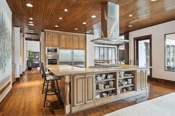 Interior, Kitchen, Recessed Lighting, Stainless Steel Appliances, Wooden Ceilings, Wood Texture Flooring