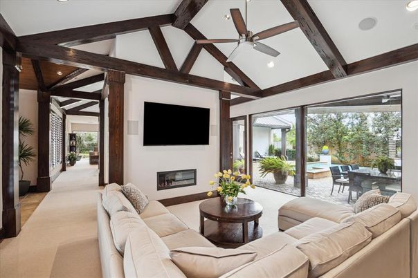 Fireplace, Interior, Living room, Recessed Lighting, Wooden Beams, Wood Texture Flooring