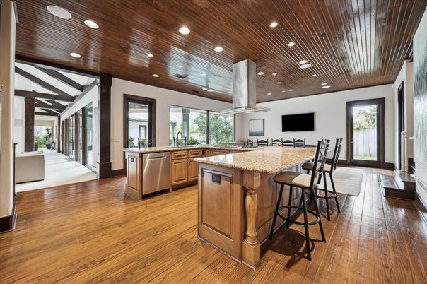Interior, Kitchen, Recessed Lighting, Stainless Steel Appliances, Wooden Ceilings, Wood Texture Flooring