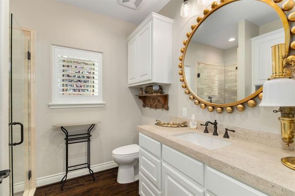 Bathroom, Glass Shower, Interior, Recessed Lighting, Wood Texture Flooring