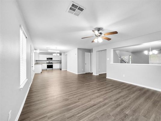 Chandelier, Empty room, Interior, Kitchen, Stainless Steel Appliances, Wood Texture Flooring