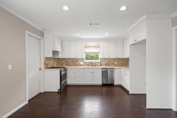 Interior, Kitchen, Recessed Lighting, Stainless Steel Appliances, Wood Texture Flooring