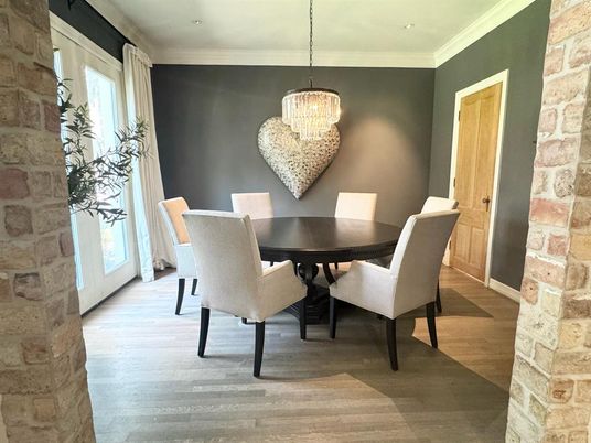 Chandelier, Dining room, Interior, Pendant Lights, Recessed Lighting, Stone Walls, Wood Texture Flooring
