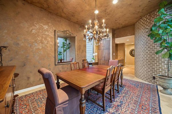 Chandelier, Dining room, Interior, Recessed Lighting, Stone Walls