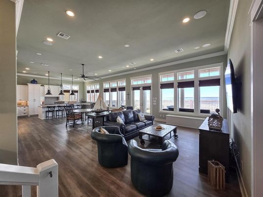 Dining room, Interior, Kitchen, Living room, Pendant Lights, Recessed Lighting, Water, Wood Texture Flooring