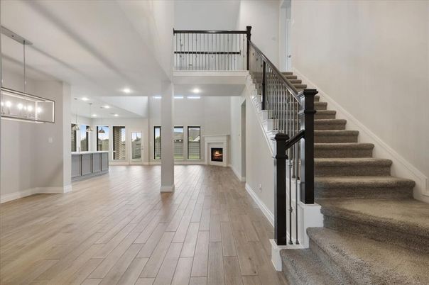 Fireplace, Interior, Pendant Lights, Recessed Lighting, Wood Texture Flooring