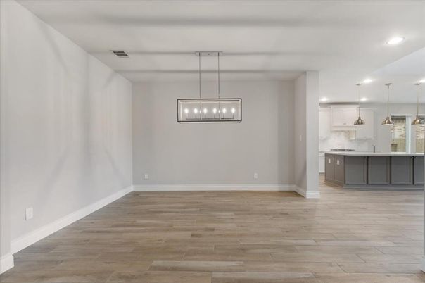 Empty room, Interior, Kitchen, Pendant Lights, Recessed Lighting, Wood Texture Flooring