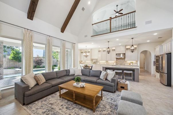 Chandelier, Dining room, Interior, Kitchen, Living room, Pendant Lights, Recessed Lighting, Stainless Steel Appliances, Wooden Beams
