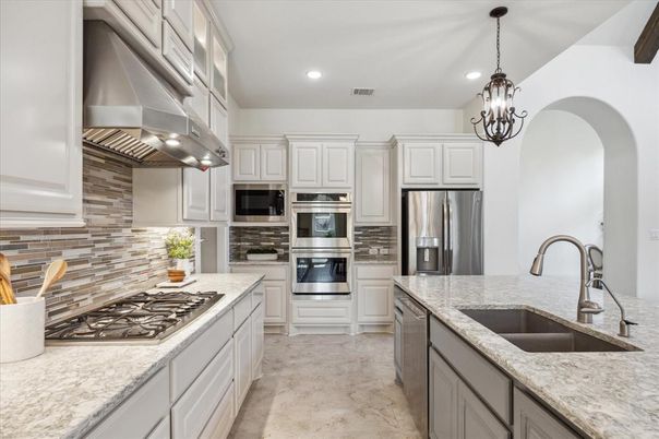 Chandelier, Interior, Kitchen, Pendant Lights, Recessed Lighting, Stainless Steel Appliances