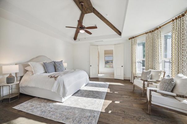 Bedroom, Interior, Recessed Lighting, Wooden Beams, Wood Texture Flooring