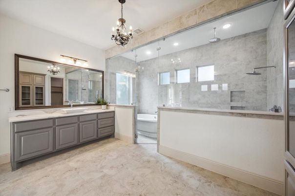 Bathroom, Chandelier, Dual Sink Vanities, Glass Shower, Interior, Marble, Marble Walls, Recessed Lighting