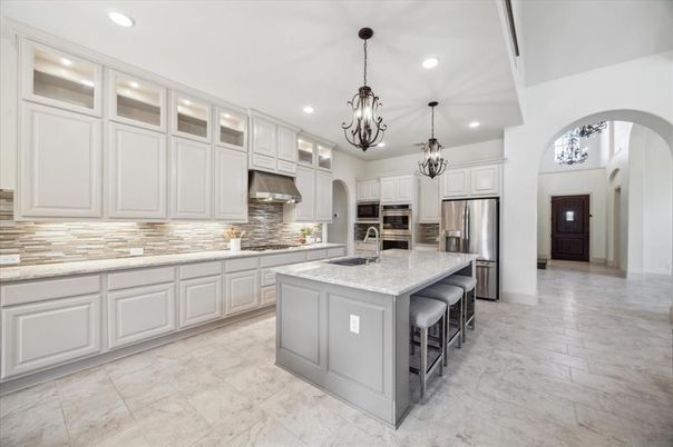 Chandelier, Interior, Kitchen, Pendant Lights, Recessed Lighting, Stainless Steel Appliances