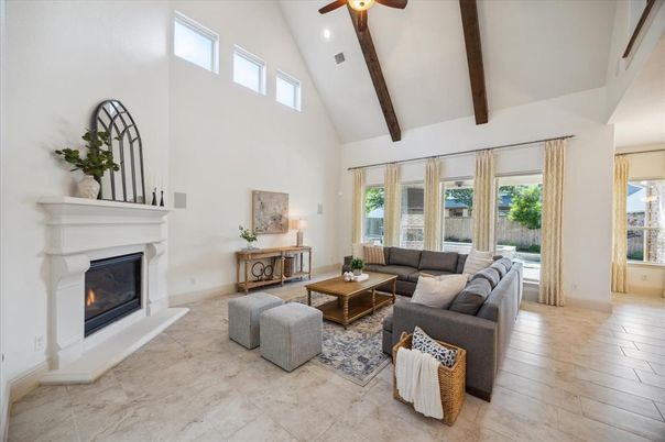 Fireplace, Interior, Living room, Recessed Lighting, Wooden Beams, Wood Texture Flooring