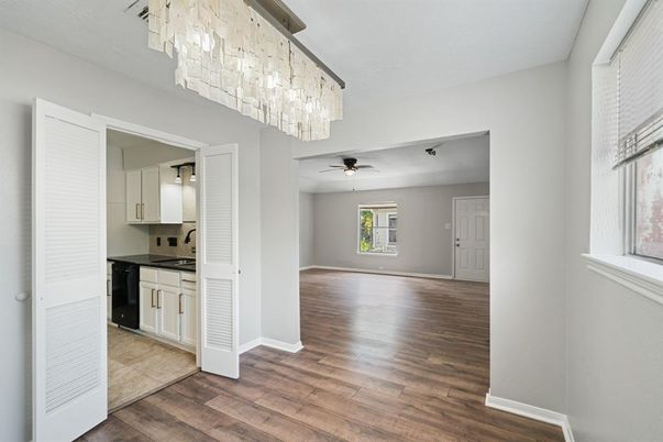 Chandelier, Empty room, Interior, Kitchen, Wood Texture Flooring