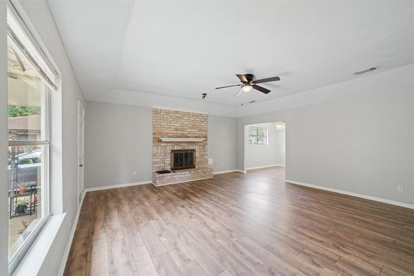 Empty room, Fireplace, Interior, Stone Walls, Wood Texture Flooring