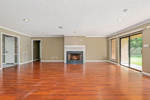 Empty room, Fireplace, Interior, Recessed Lighting, Wood Texture Flooring