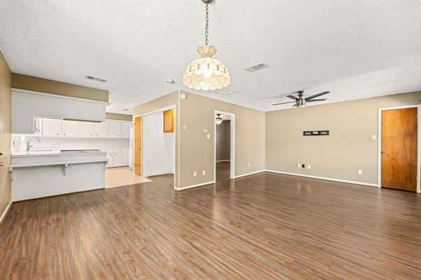 Empty room, Interior, Kitchen, Pendant Lights, Wood Texture Flooring