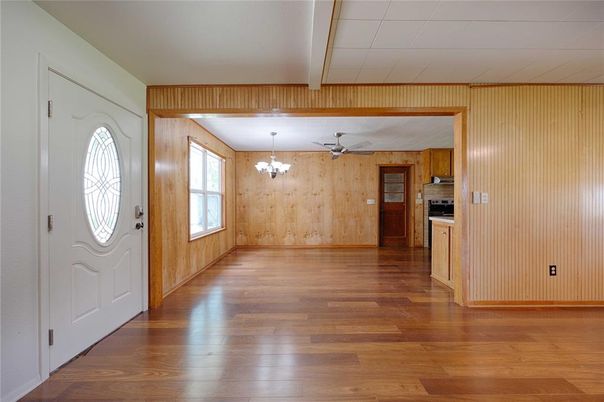 Chandelier, Empty room, Interior, Kitchen, Wood Texture Flooring