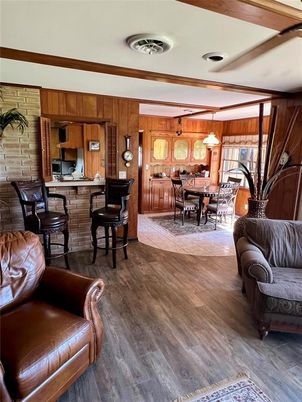 Dining room, Interior, Kitchen, Pendant Lights, Wood Texture Flooring, Wooden Walls