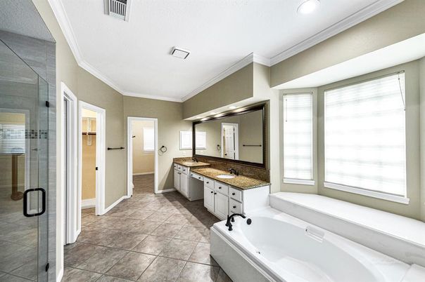 Bathroom, Dual Sink Vanities, Glass Shower, Interior, Recessed Lighting