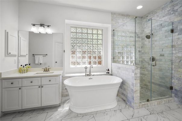 Bathroom, Dual Sink Vanities, Free Standing Baths, Glass Shower, Interior, Marble, Recessed Lighting