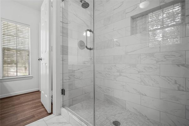 Bathroom, Glass Shower, Interior, Marble, Marble Walls, Wood Texture Flooring