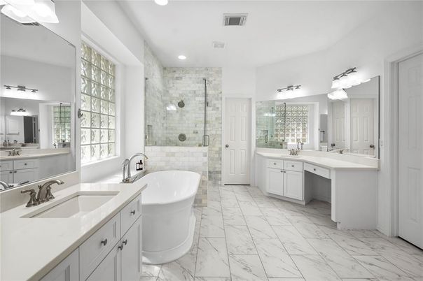 Bathroom, Dual Sink Vanities, Free Standing Baths, Glass Shower, Interior, Marble, Recessed Lighting