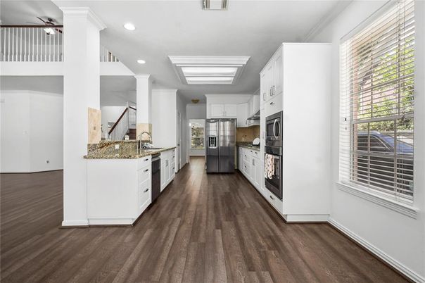 Interior, Kitchen, Recessed Lighting, Stainless Steel Appliances, Wood Texture Flooring