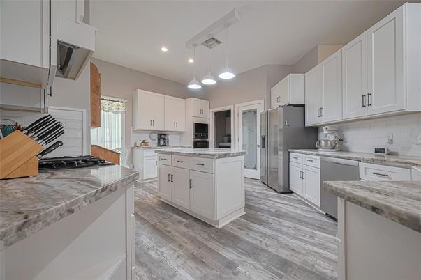 Interior, Kitchen, Pendant Lights, Recessed Lighting, Stainless Steel Appliances, Wood Texture Flooring