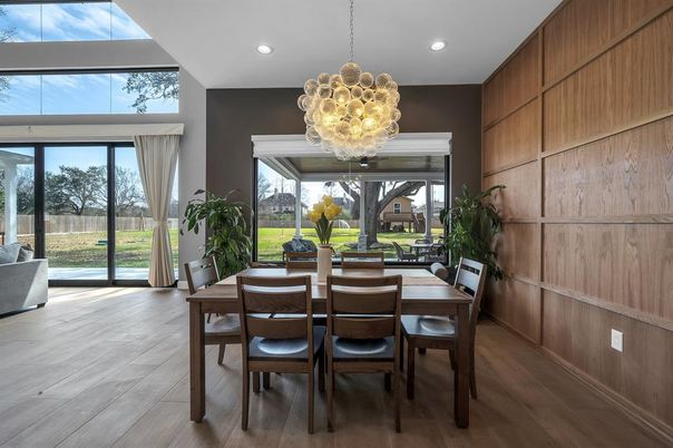 Dining room, Interior, Pendant Lights, Recessed Lighting, Wood Texture Flooring