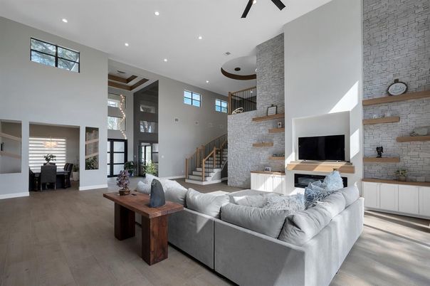 Dining room, Interior, Living room, Recessed Lighting, Stone Walls, Wood Texture Flooring