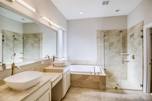 Bathroom, Dual Sink Vanities, Glass Shower, Interior, Recessed Lighting