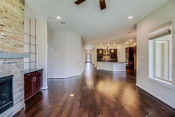 Fireplace, Interior, Kitchen, Pendant Lights, Recessed Lighting, Wood Texture Flooring