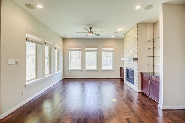 Empty room, Fireplace, Interior, Recessed Lighting, Wood Texture Flooring
