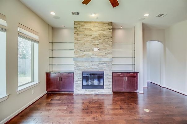 Empty room, Fireplace, Interior, Recessed Lighting, Wood Texture Flooring