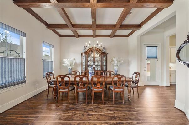 Chandelier, Dining room, Interior, Wooden Beams, Wood Texture Flooring