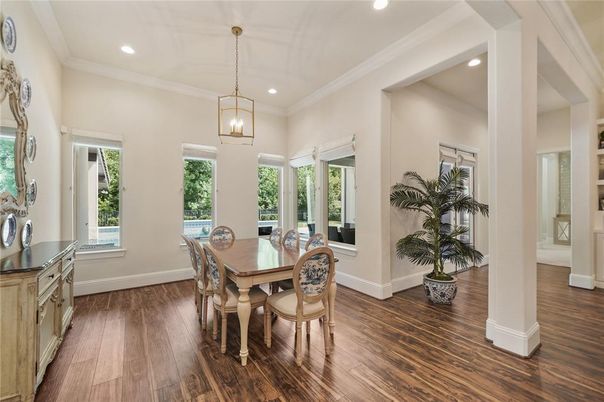 Dining room, Interior, Pendant Lights, Recessed Lighting, Wood Texture Flooring