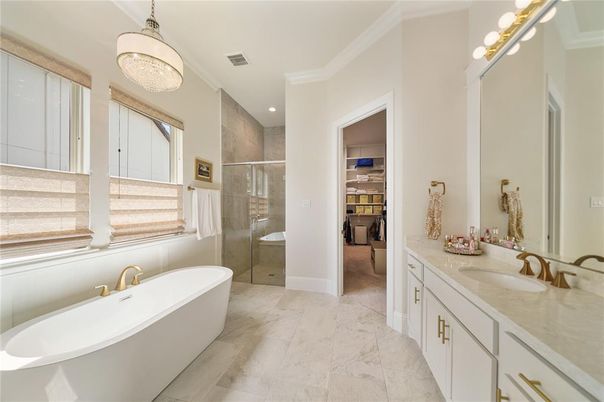Bathroom, Chandelier, Dual Sink Vanities, Free Standing Baths, Glass Shower, Interior, Marble, Recessed Lighting, Walk-in Closets